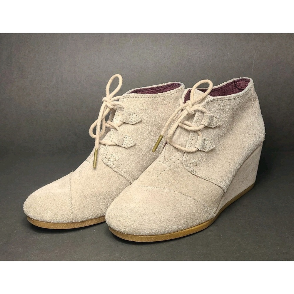 TOMS Beige Suede Ankle Bootie Lace Up Wedge Round Toe Logo Women's US 7.5